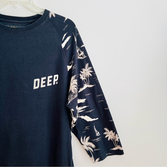 10 Deep Slanted Logo Graphic Palm Tree Print 3/4 Raglan Sleeve Baseball Tshirt - Picture 2 of 6